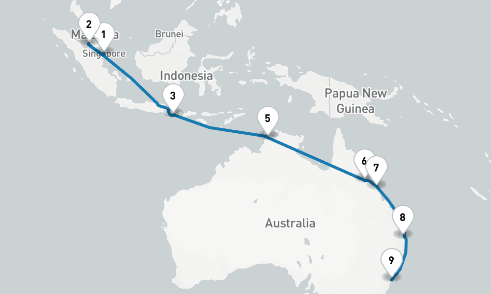 19 days, one-way from Singapore to Sydney 20日間