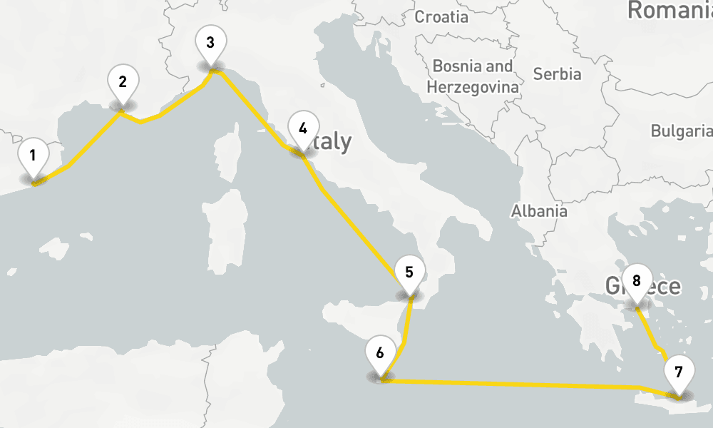 8 days, one-way from Barcelona to Piraeus-Athens 9日間