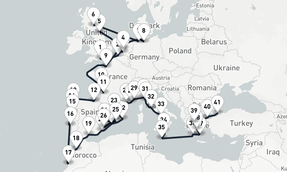 47 days, one-way from Southampton to Istanbul 48日間