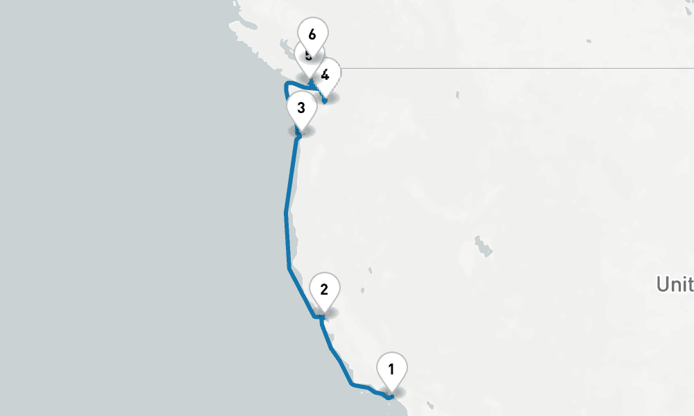 7 days, one-way from Los Angeles to Vancouver 8日間