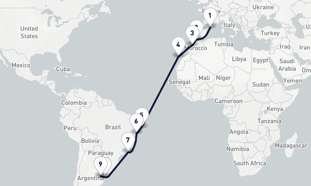 18 days, one-way from Barcelona to Buenos Aires 19日間
