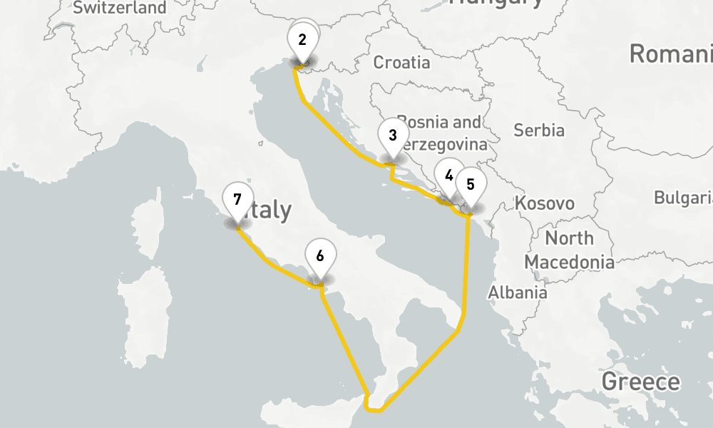 7 days, one-way from Trieste to Civitavecchia-Rome 8日間