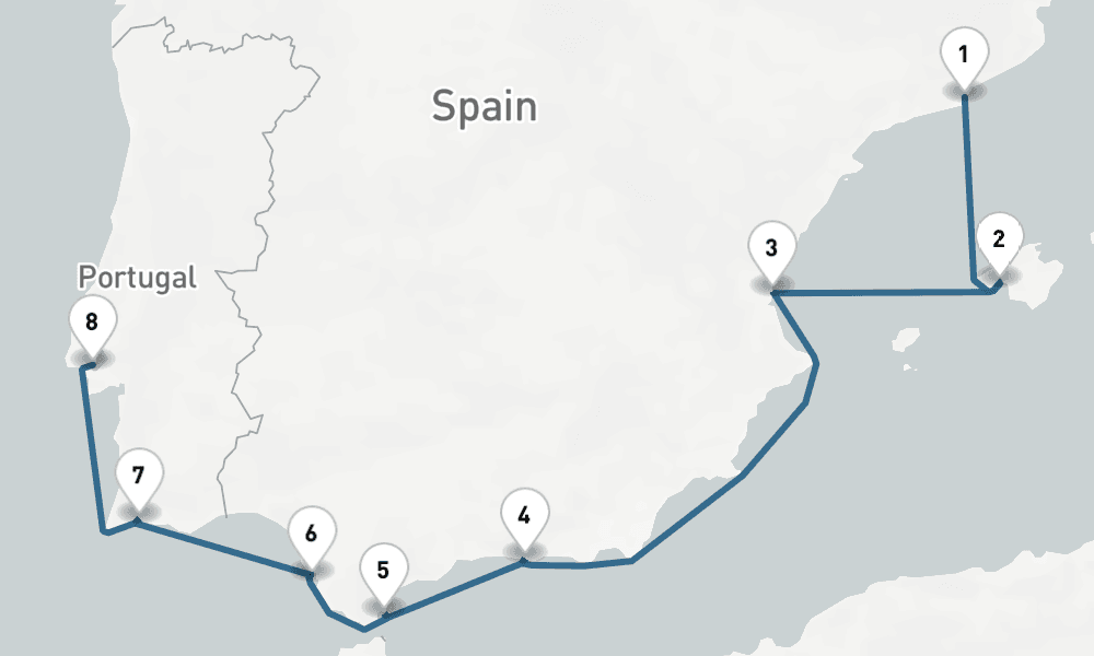 7 days, one-way from Barcelona to Lisbon 8日間