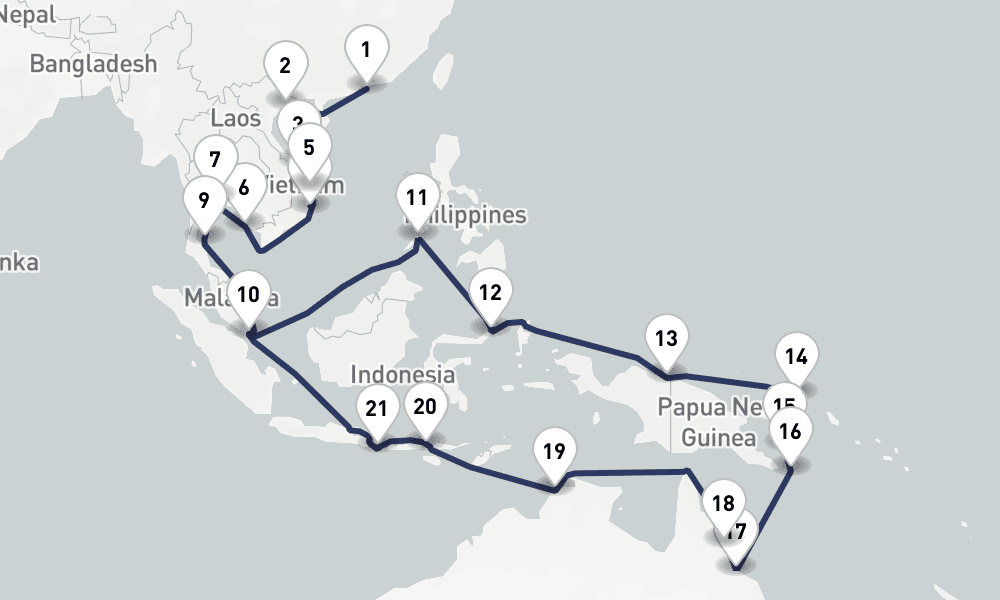 42 days, one-way from Hong Kong to Singapore 43日間