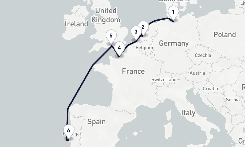 8 days, one-way from Hamburg to Lisbon 9日間