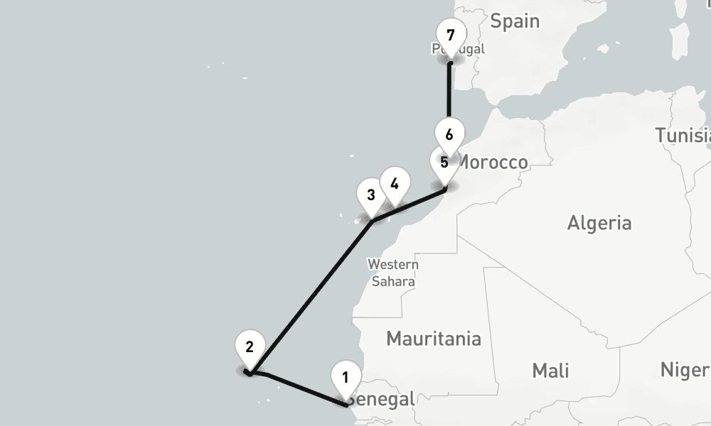 10 days, one-way from Dakar to Lisbon 11日間