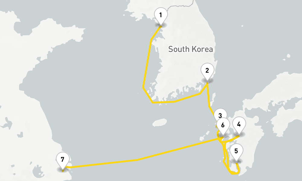 8 days, one-way from Incheon to Shanghai 9日間