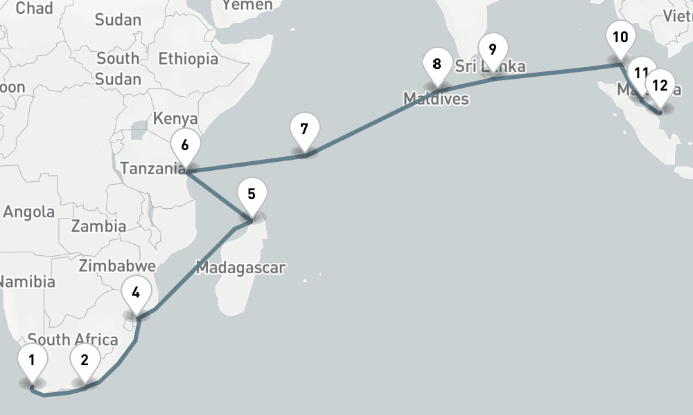 28 days, one-way from Cape Town to Singapore 29日間