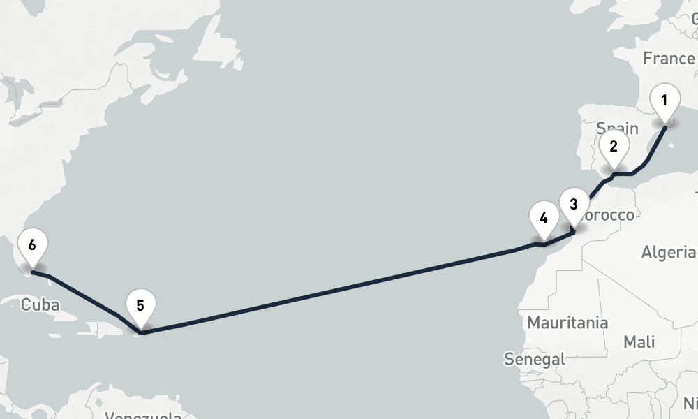 15 days, one-way from Barcelona to Miami 16日間