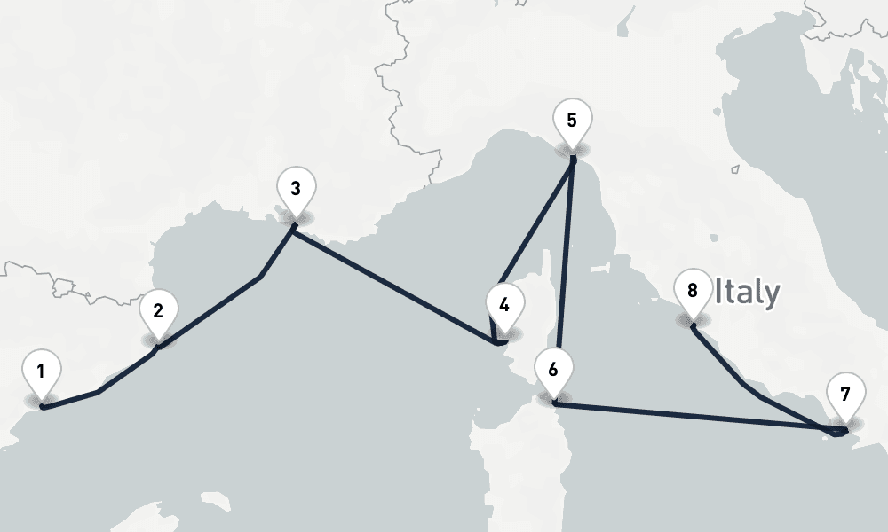 7 days, one-way from Tarragona to Civitavecchia-Rome 8日間