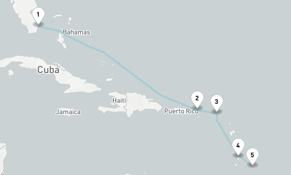 7 days, one-way from Miami to Bridgetown 8日間