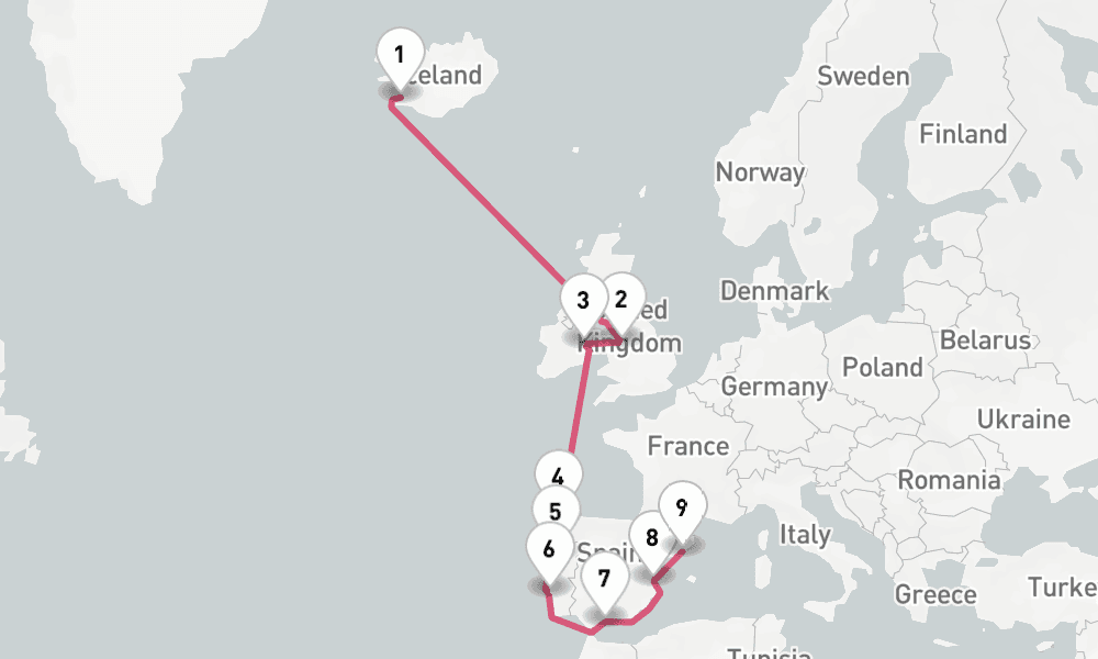 14 nights / 15 days, one-way from Reykjavik to Barcelona
