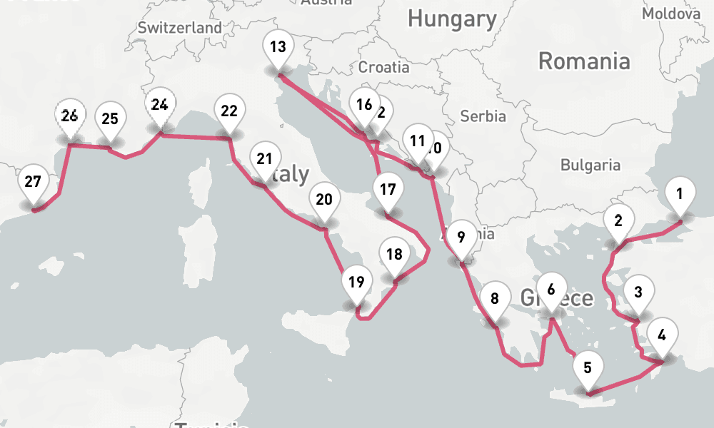 28 nights / 29 days, one-way from Istanbul to Barcelona