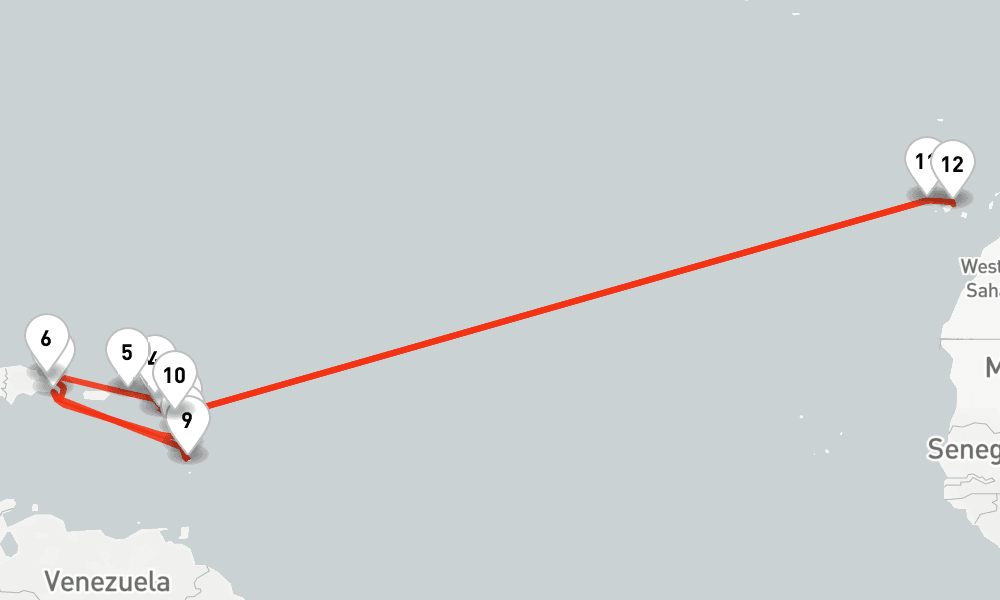 19 nights / 20 days, one-way from La Romana (Dominican Republic) to Santa Cruz de Tenerife (Canary Islands)