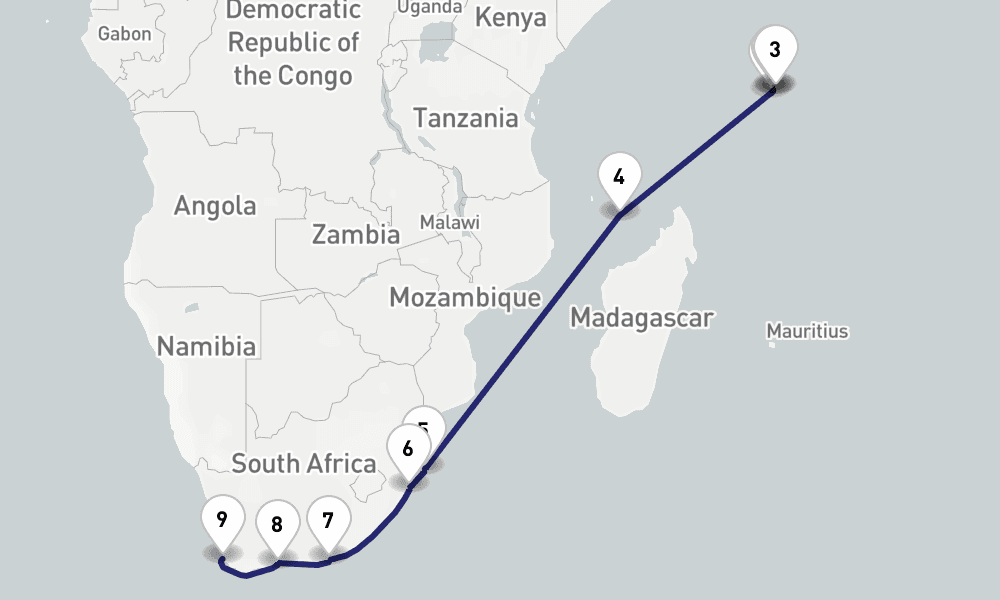 16 days, one-way from Mahe Island Seychelles to Cape Town 17日間