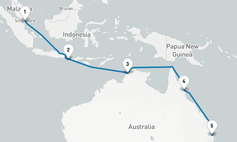 13 days, one-way from Singapore to Brisbane 14日間
