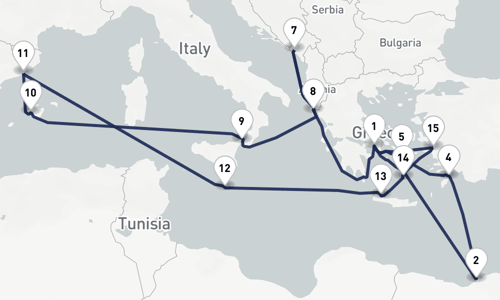 21 days, round-trip Ultimate Mediterranean Splendor Collectors Voyage 22日間