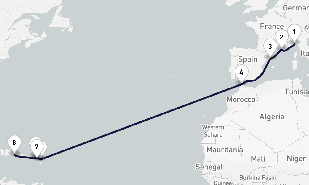 16 days, one-way from Genoa to La Romana 17日間