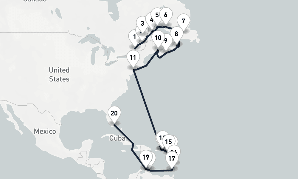 25 days, one-way from Montreal to Miami 26日間