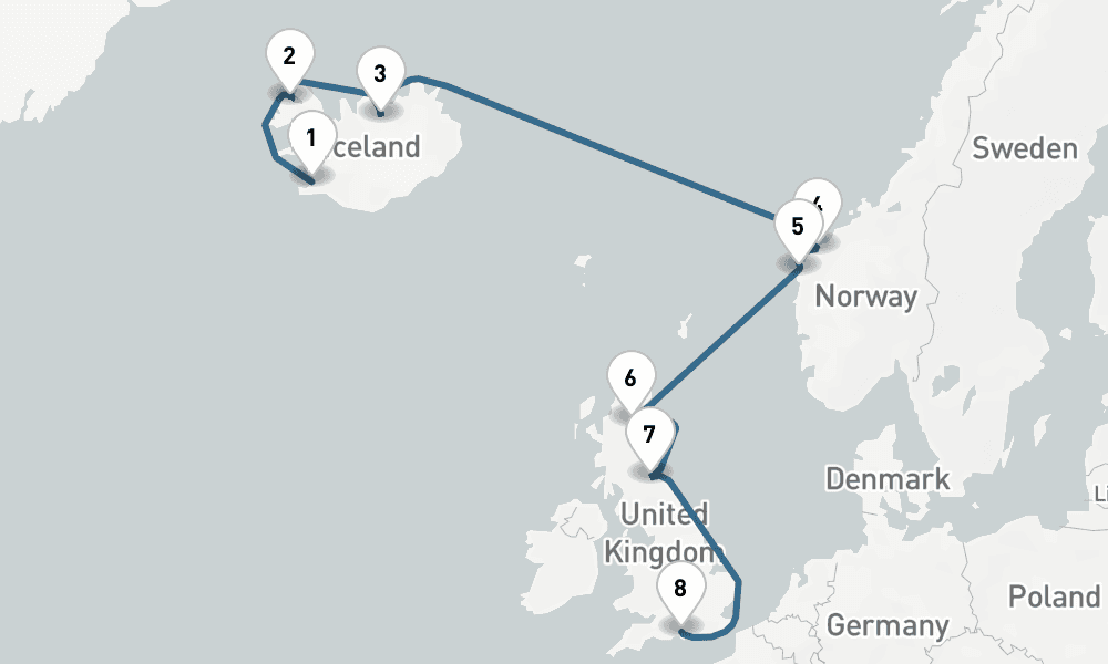 10 days, one-way from Reykjavik to Southampton 11日間