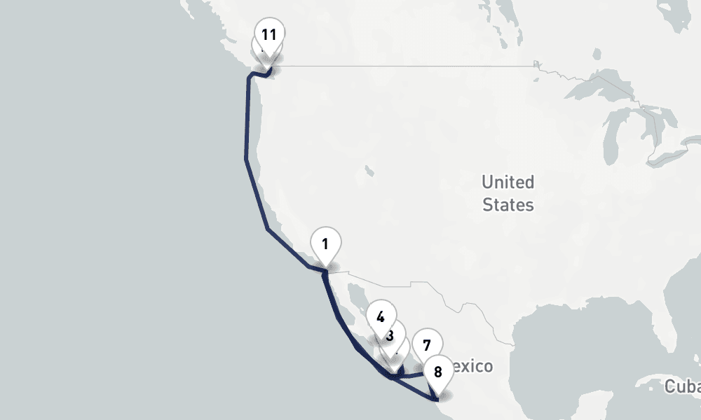 18 days, one-way from San Diego to Vancouver 19日間