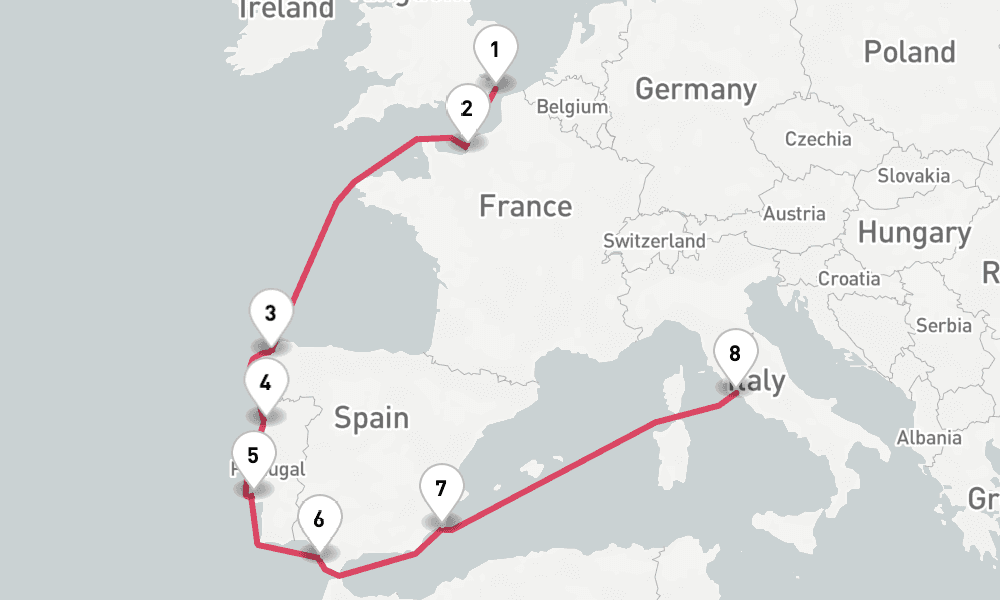 9 days, one-way from Dover to Civitavecchia-Rome 10日間