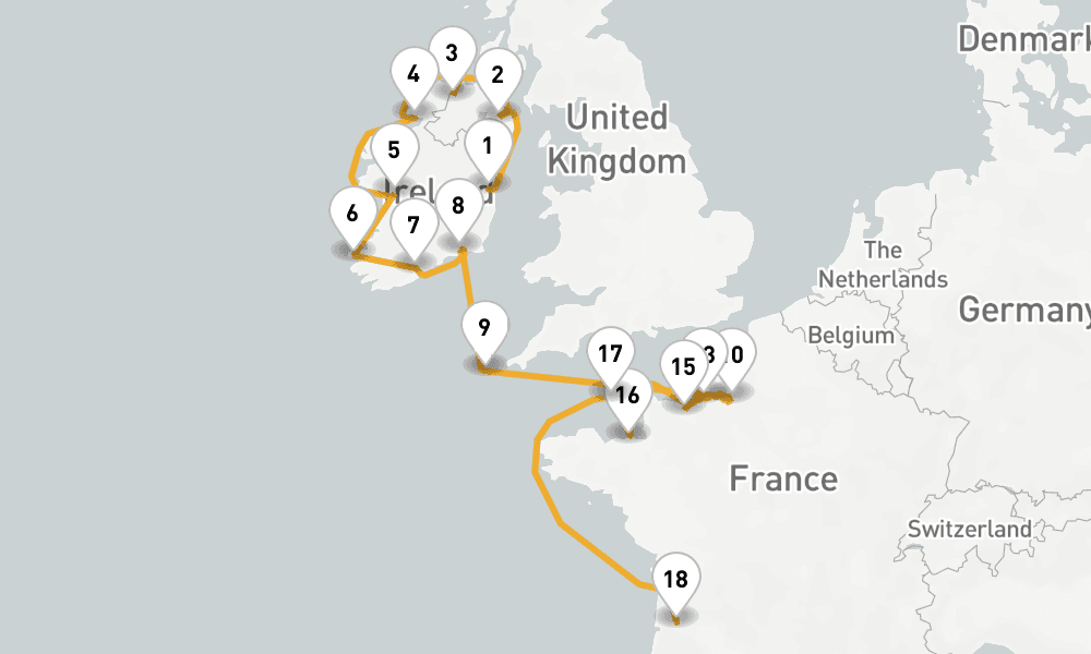 18 days, one-way from Dublin to Bordeaux 19日間