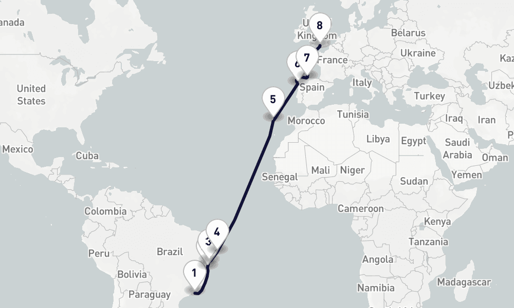 16 days, one-way from Rio de Janeiro to Southampton 17日間