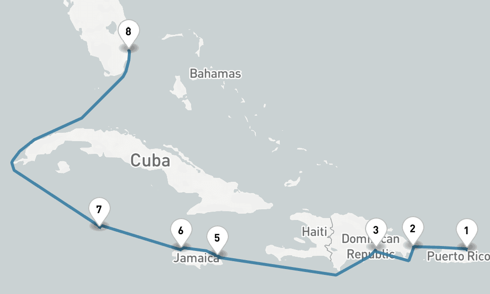 9 days, one-way from San Juan to Fort Lauderdale 10日間