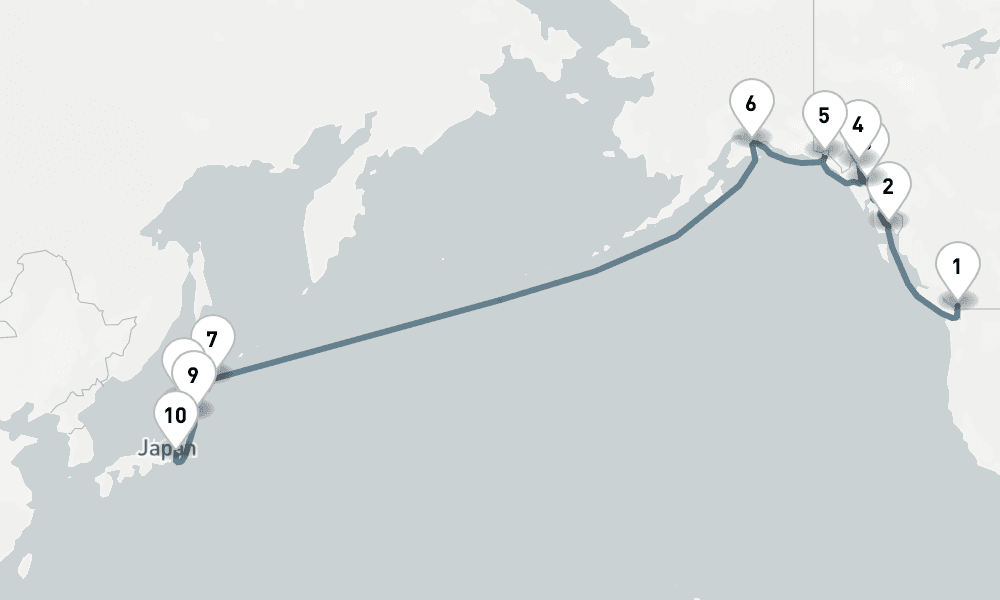 19 days, one-way from Vancouver to Tokyo 20日間