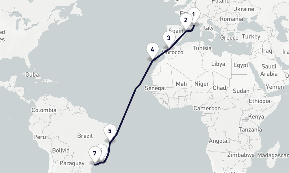 15 days, one-way from Marseille to Santos 16日間