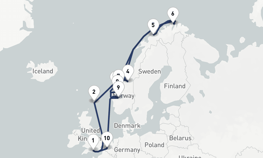 14 days, round-trip Norwegian Fjords Arctic Circle 15日間