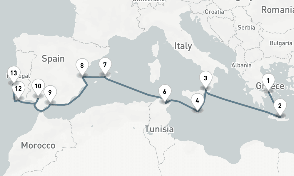 14 days, one-way from Piraeus-Athens to Lisbon 15日間