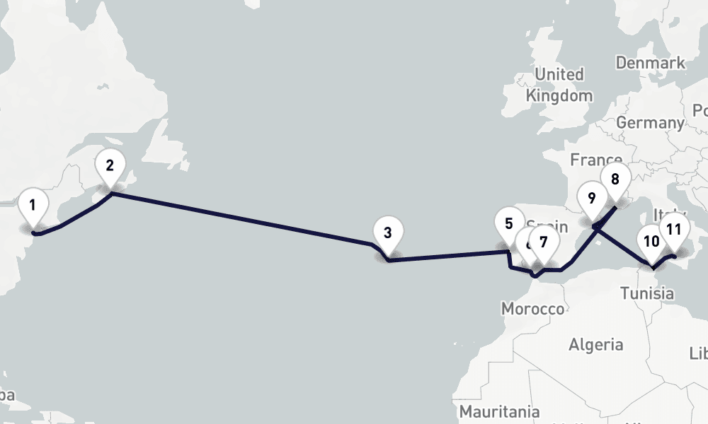 19 days, one-way from New York to Palermo 20日間