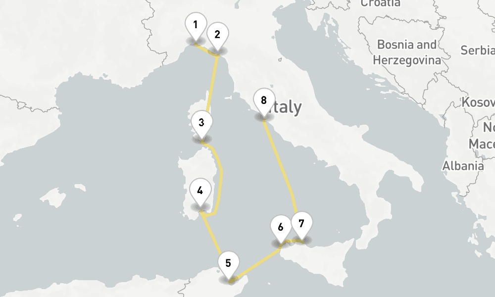 8 days, one-way from Genoa to Civitavecchia-Rome 9日間