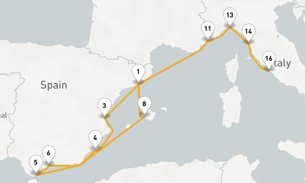 16 days, one-way from Barcelona to Civitavecchia-Rome 17日間