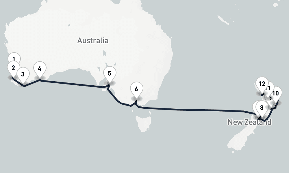 17 days, one-way from Fremantle to Auckland 18日間