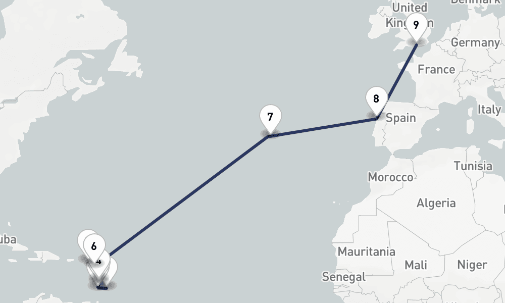 18 days, one-way from Bridgetown to Portsmouth UK 19日間