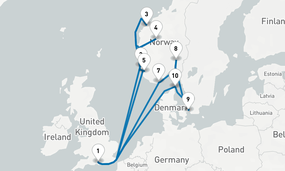 14 days, round-trip Norwegian Fjords Scandinavia 15日間