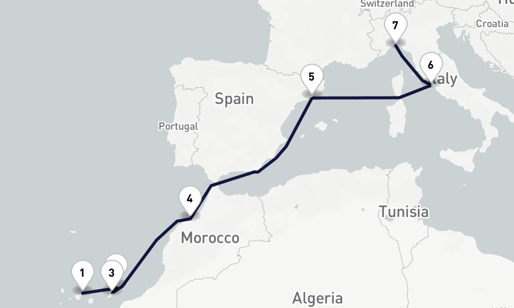 9 days, one-way from Santa Cruz de Tenerife to Genoa 10日間