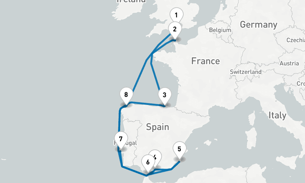 14 days, round-trip Spain, France Portugal with Total Solar Eclipse 15日間