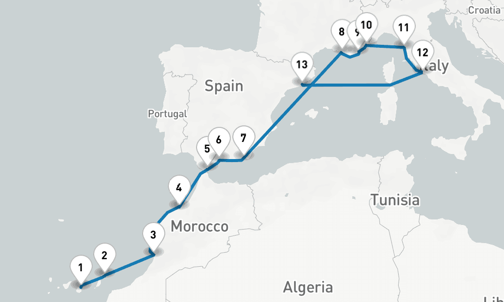 14 days, one-way from Las Palmas de Gran Canaria to Barcelona 15日間