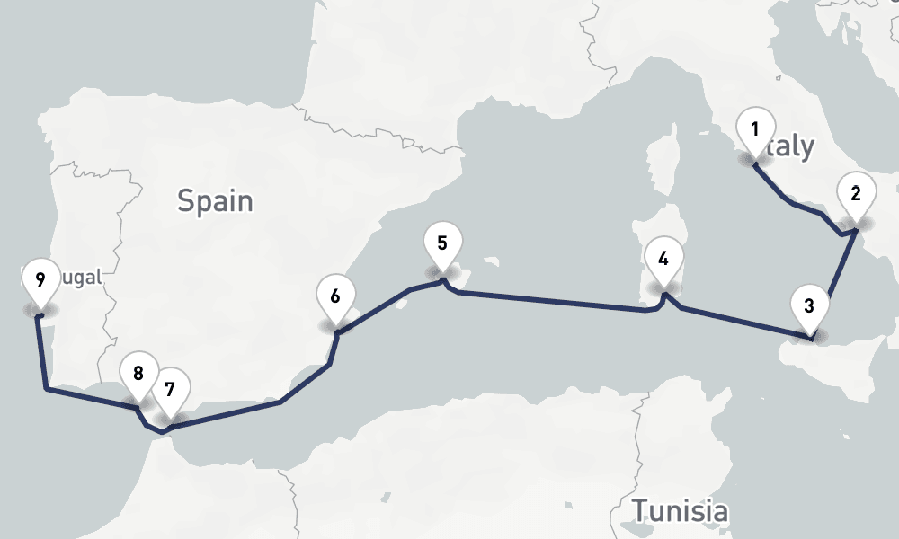 10 days, one-way from Civitavecchia-Rome to Lisbon 11日間