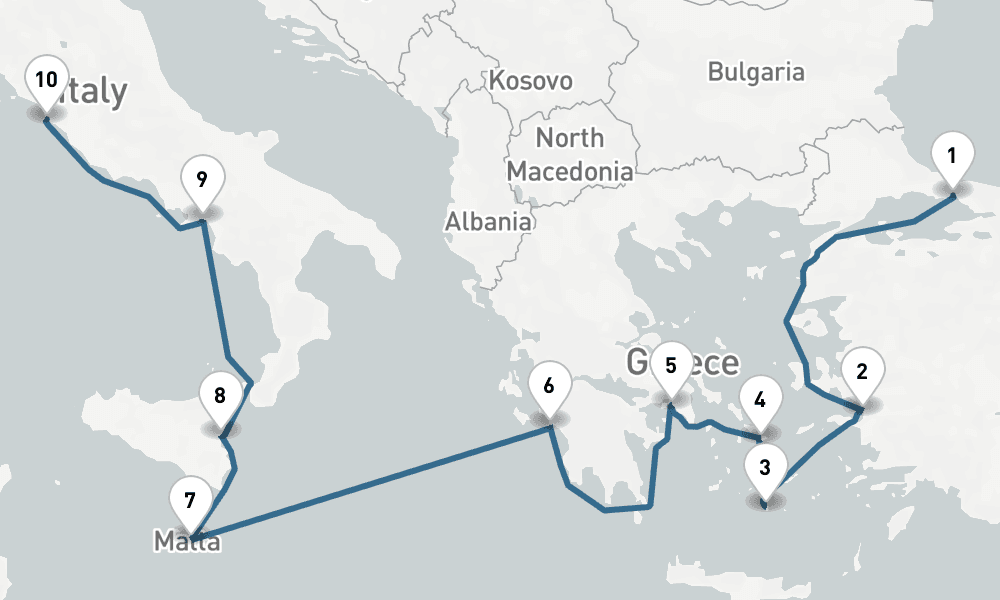 9 days, one-way from Istanbul to Civitavecchia-Rome 10日間