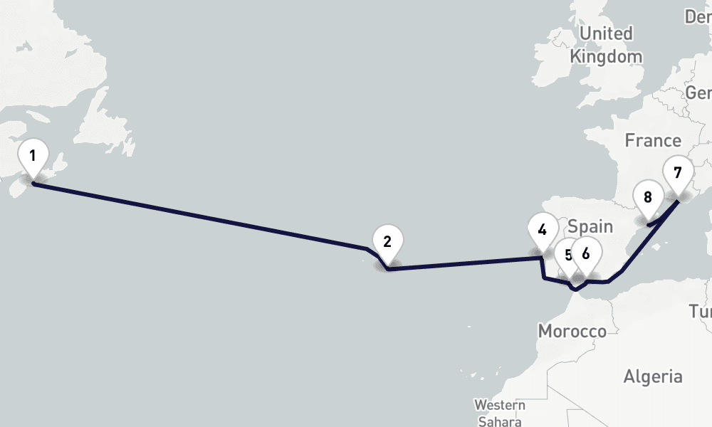 14 days, one-way from Halifax to Barcelona 15日間