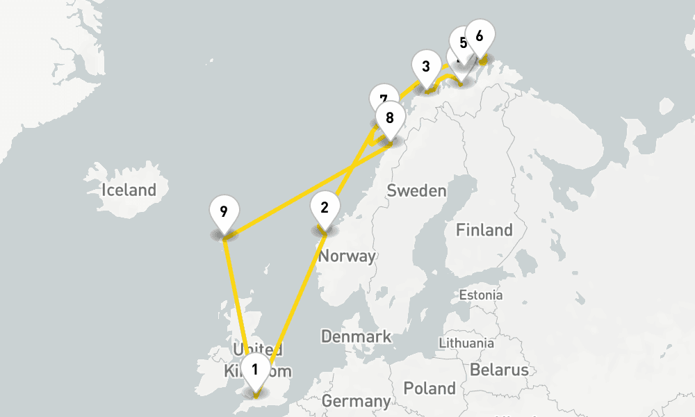 17 days, round-trip Northern Norways Lights Landscapes 18日間