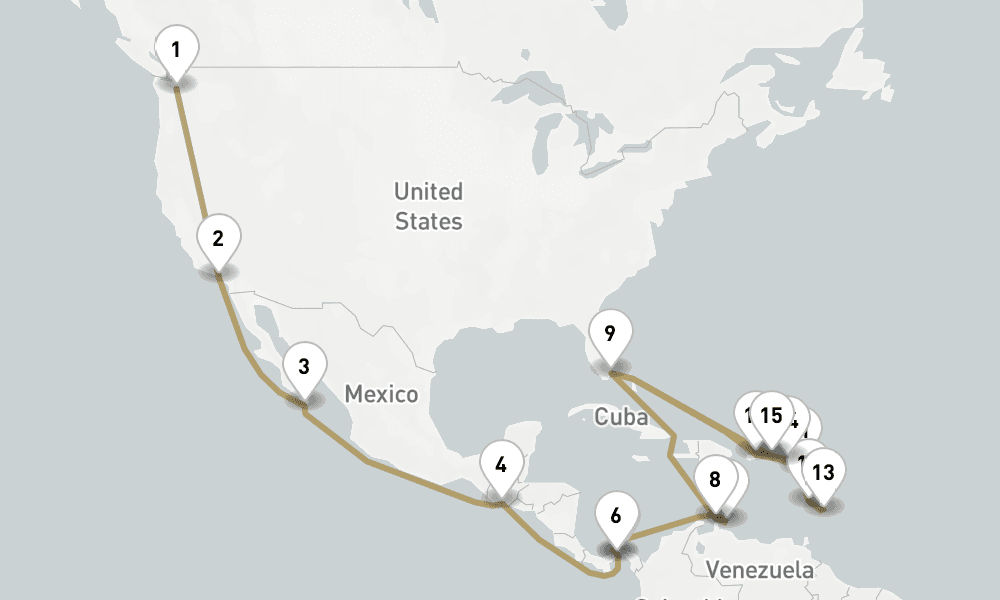 33 days, one-way from Seattle to Miami 34日間