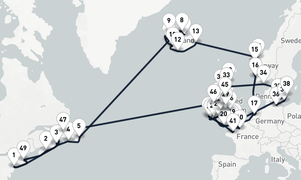67 days, round-trip Northern Hemisphere Collage New York to New York 68日間