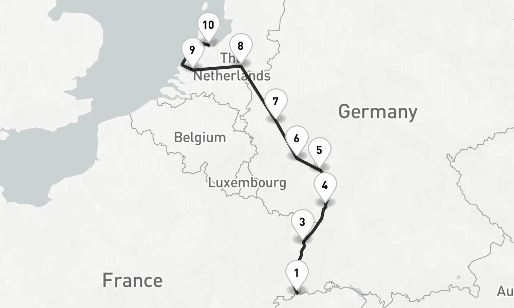 10 days, one-way from Basel to Amsterdam 11日間