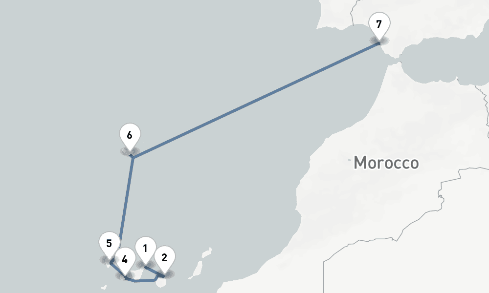 10 days, one-way from Santa Cruz de Tenerife to Cadiz 11日間